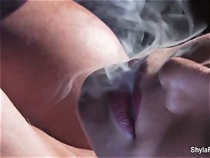 huge-boobed ash-blonde Shyla's smoking steamy taunt